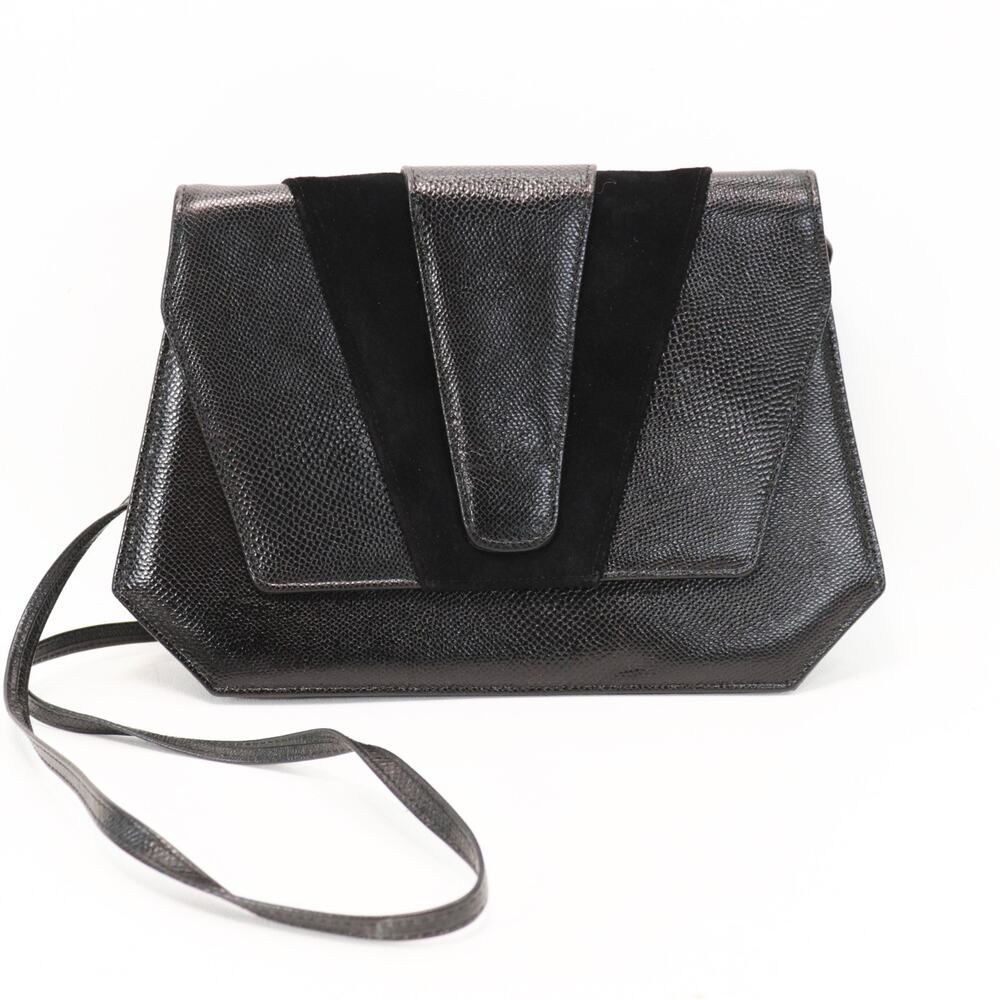 Vtg Green Mountain Handbag S Black Lizard Embossed Leather Suede Purse Bag